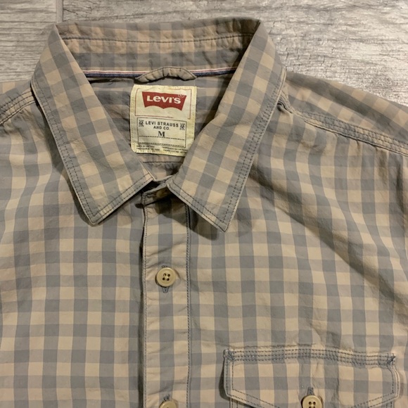 Levis Shirt Mens Medium Grey/Blue Plaid Fall Long Sleeve Casual Pocket Button Up - Picture 4 of 10
